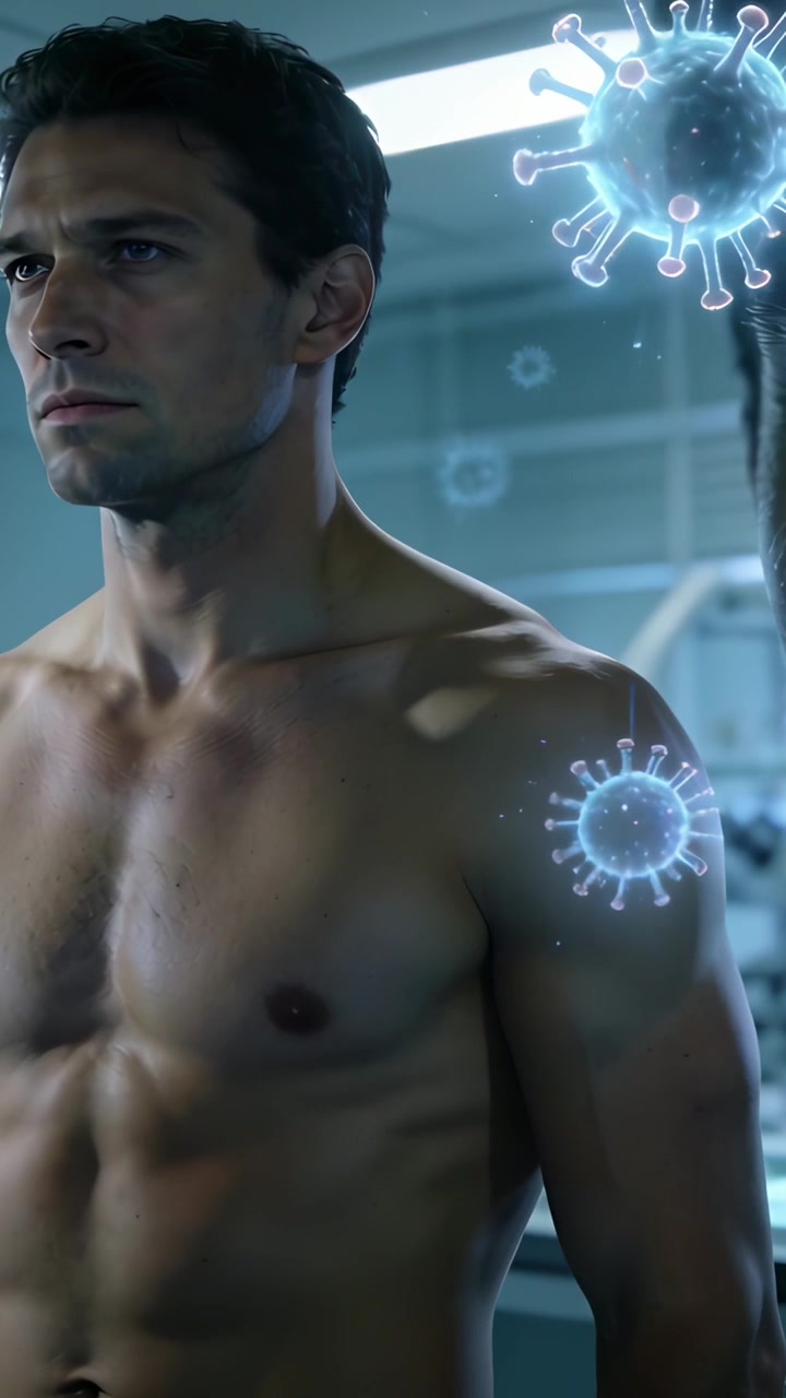 Video verticale: Uomo a torso nudo che reagisce all'apparizione di un ologramma di virus, mantenendo una posa stabile in clinica.