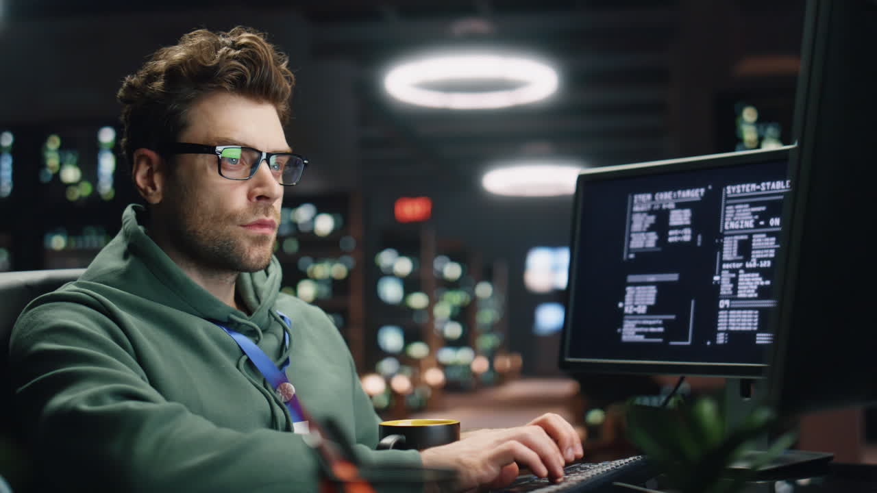 hombre enfocado codificando teclado de computadora noche centro de datos de primer plano. programador trabajando