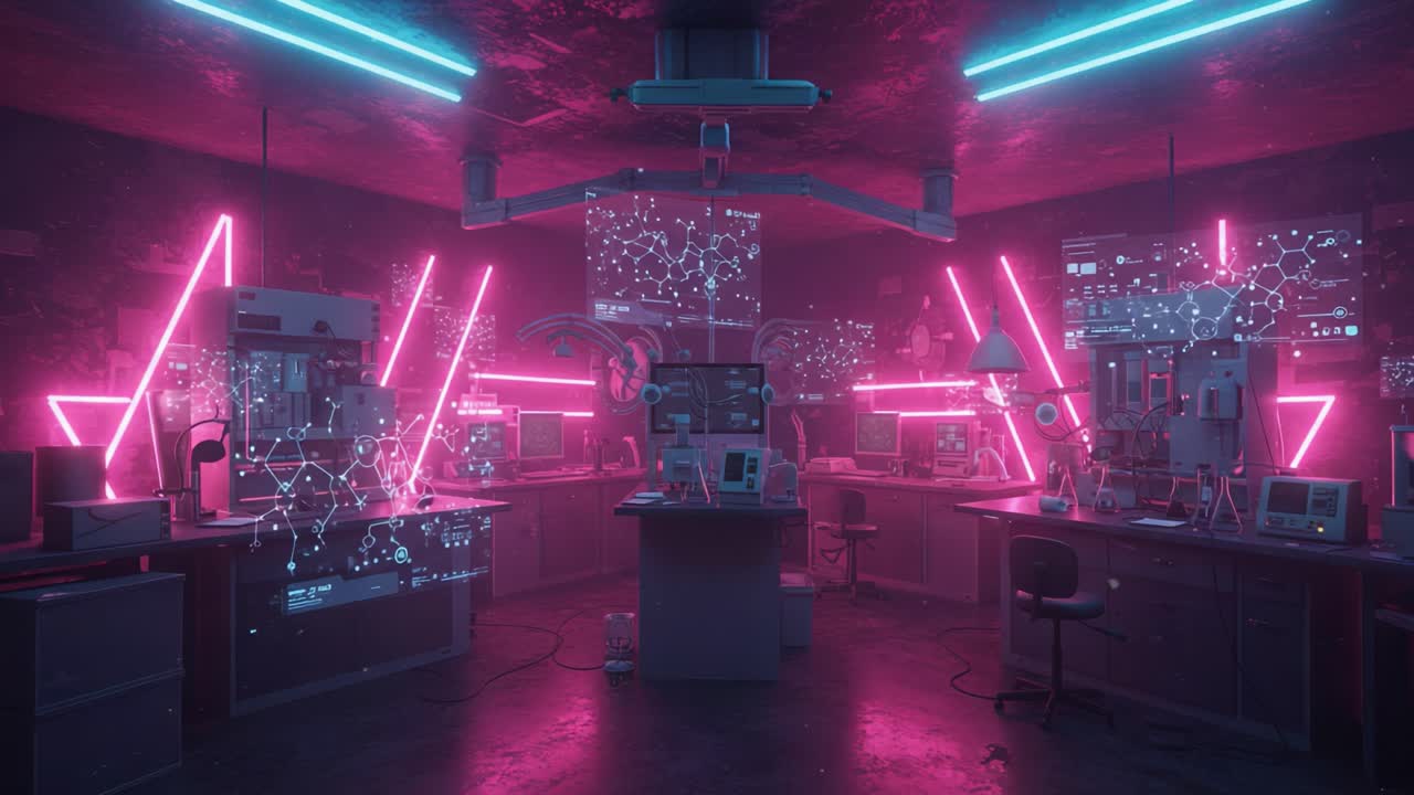 Futuristic Laboratory Scene with Neon Lighting and High-Tech Equipment Showcasing Advanced Scientific Research and Digital Interfaces