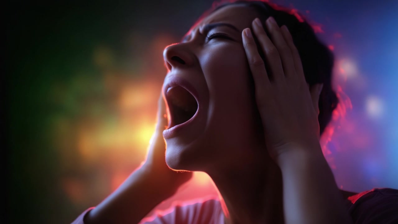 Una donna esprime emozioni profonde, catturata in un momento di intensa angoscia, rivelando dolore e vulnerabilità su uno sfondo di luci vivaci e colorate.