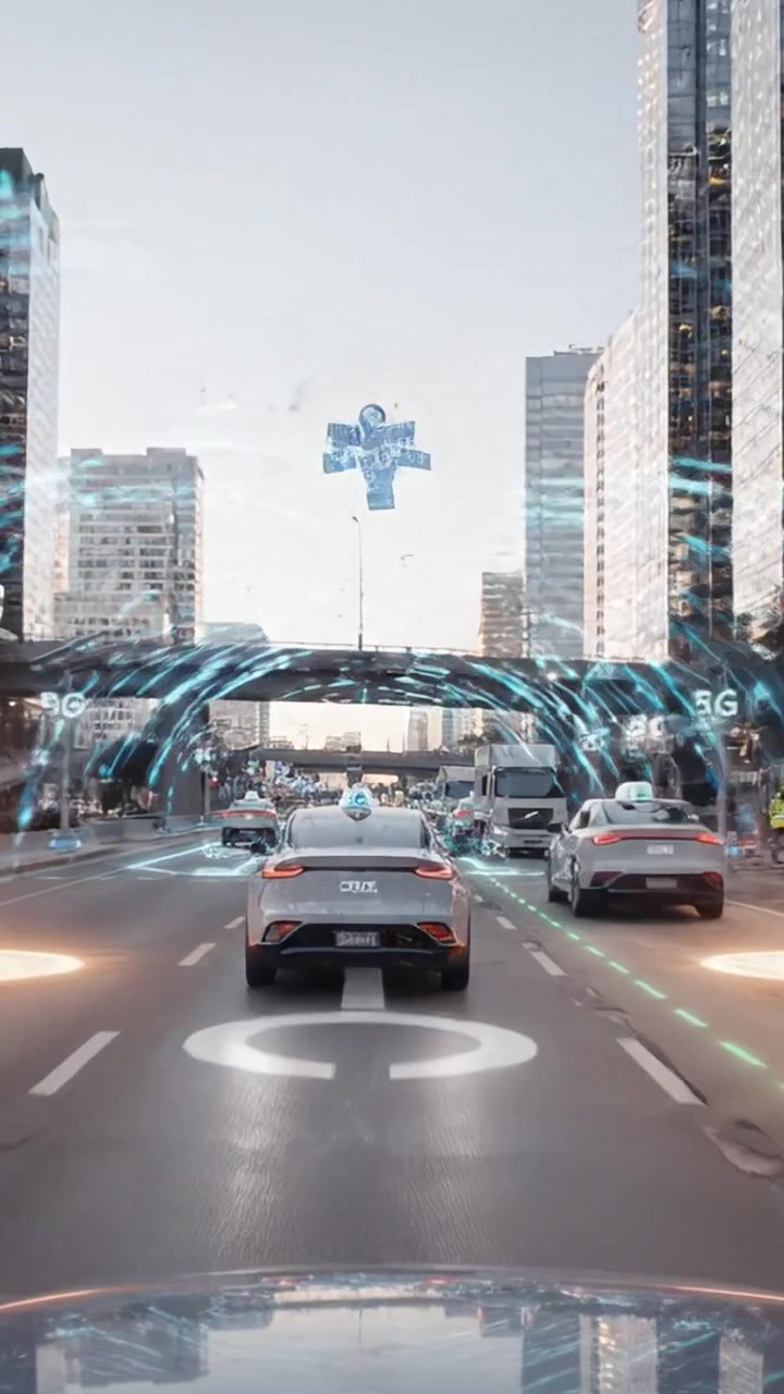 スマート車両と都市景観を背景に、混雑した高速道路で高度なナビゲーションとコネクティビティインジケーターを特徴とする未来的な都市交通シーン