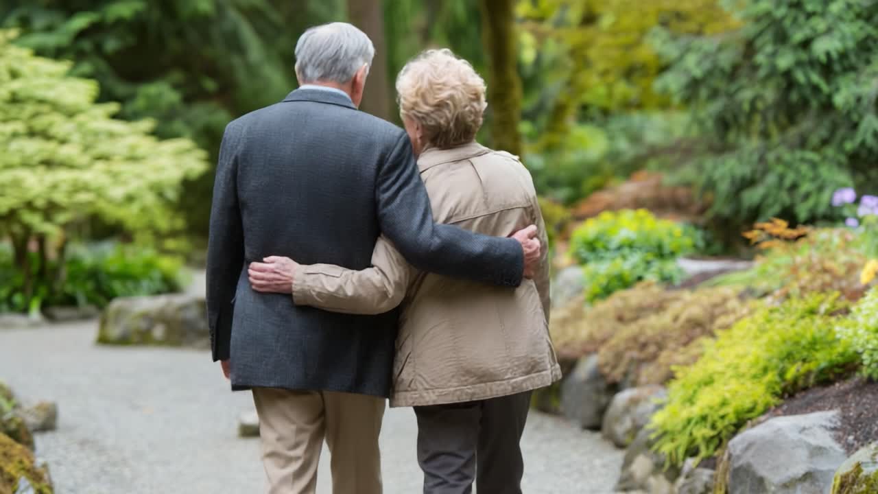A Heartwarming Stroll: An Elderly Couple Enjoying a Peaceful Walk Together in a Beautiful Garden Surrounded by Nature's Vibrant Splendor and Serenity