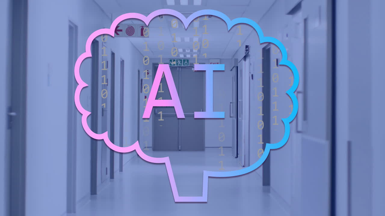 Animation of binary coding and ai text over server room