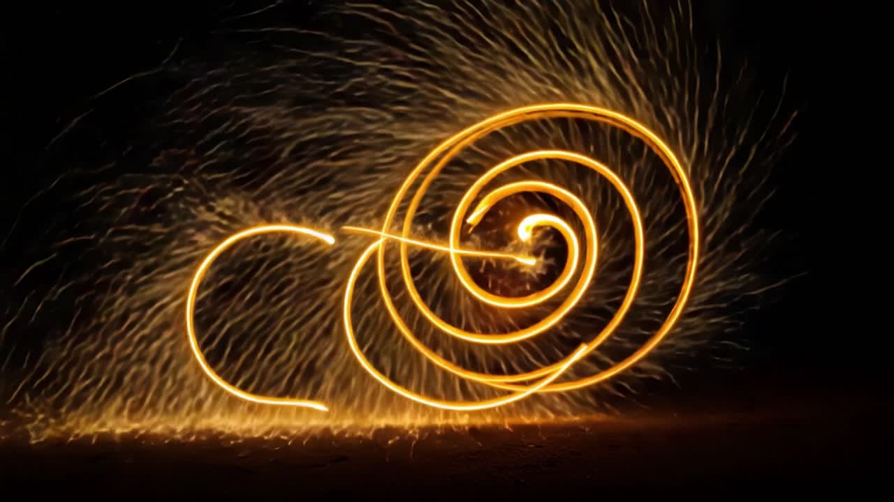 Dramatic Display of Sparkling Light Trails: A Fascinating Journey Through Swirling Patterns of Fire and Brightness Captured in Two Frames