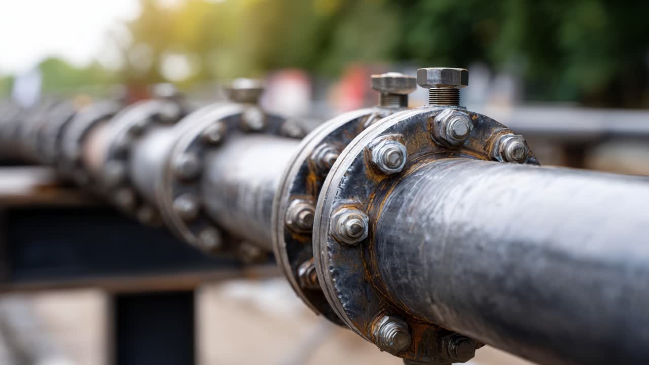 Industriell rørforbindelse med flenser og bolter i en byggeplass, som fremhever strukturell integritet og maskintekniske elementer.