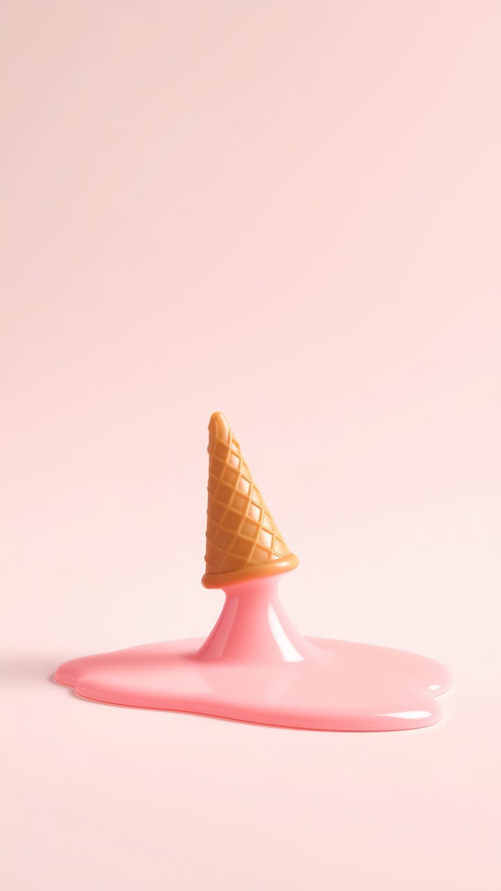 Concetto video minimalista di un cono gelato rosa che si scioglie, ripreso dal basso su uno sfondo pastello