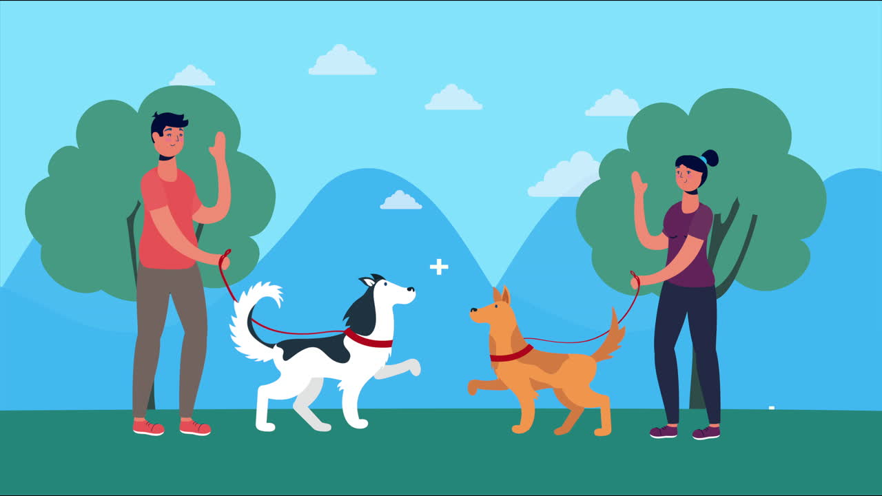 공원 에서 개 들 과 함께 산책 하는 부부