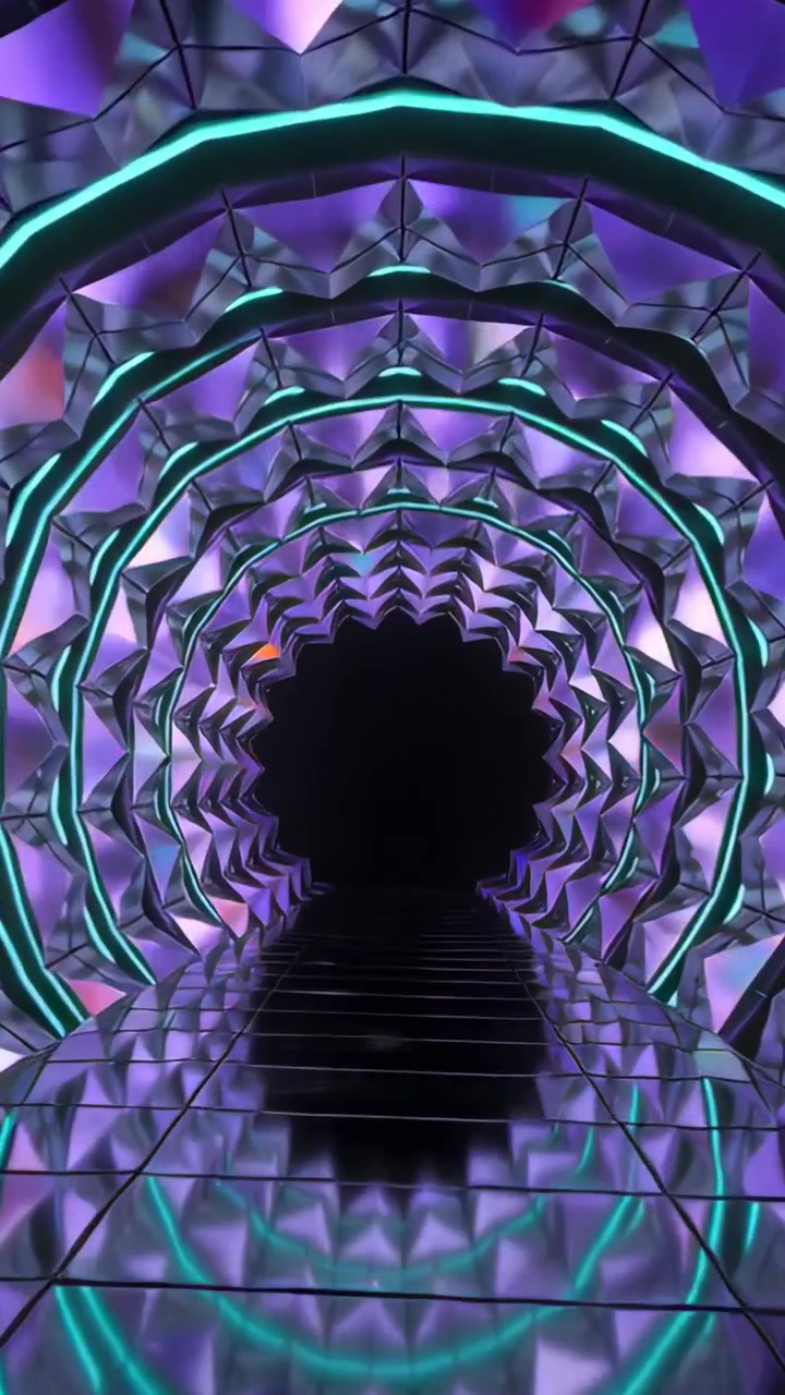 Video verticale: Disegno con zoom lento di un tunnel sfaccettato nel vuoto, che riecheggia anelli color verde acqua sul pavimento per la profondità.