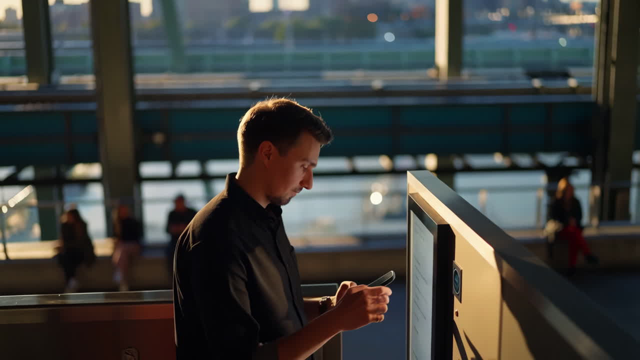 A man uses his smartphone in a public transport station with a city background