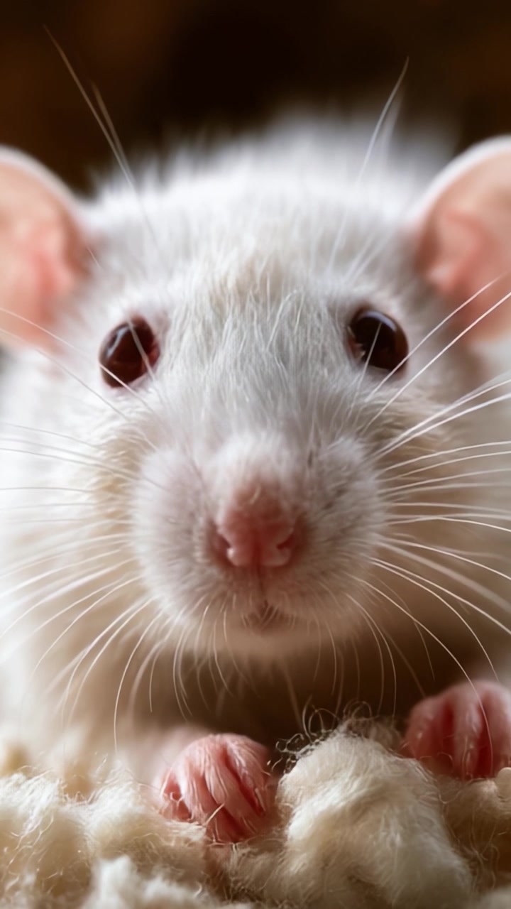 Primo piano di un simpatico ratto domestico bianco con occhi luminosi e baffi, catturato in un ambiente accogliente, che mette in mostra le sue adorabili caratteristiche e la sua espressione curiosa