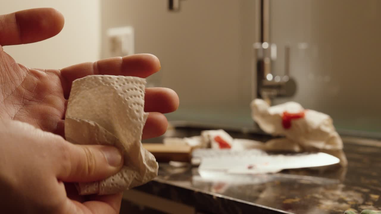Close up of a hand with a fresh cut and visible blood on tissues, captured with shallow depth of field and soft bokeh background in a realistic emergency context