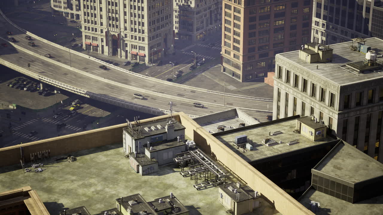 Urban landscape showcasing rooftops and busy highway in city