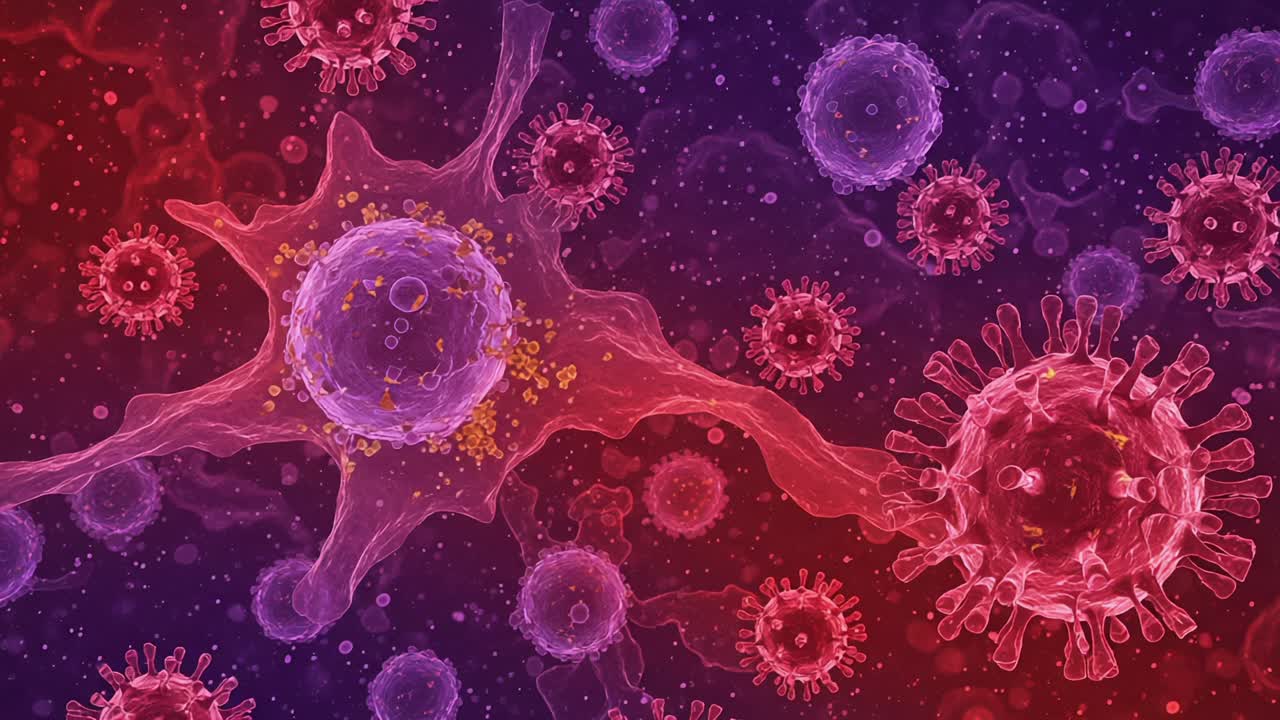 Microscopic Visualization of Immune Cells Interacting with Pathogens: A Vibrant Observation of Cellular Defense Mechanisms and Viral Entities