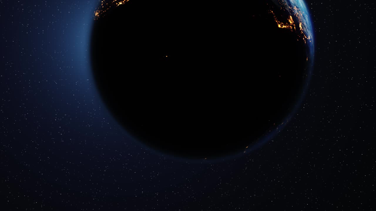 Space view on planet earth and sun star rotating on axis in black universe with day and night city