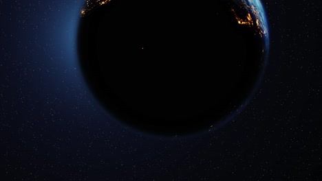 space view on planet earth and sun star rotating on axis in black universe with day and night city