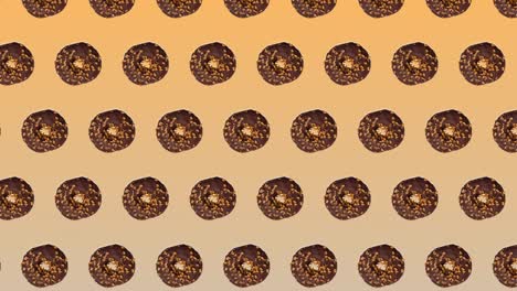 animación abstractamente colorida - rosquillas con chocolate y caramelo se mueven hacia arriba en círculo diagonalmente en fondo de gradiente amarillo - bucle sin costuras.