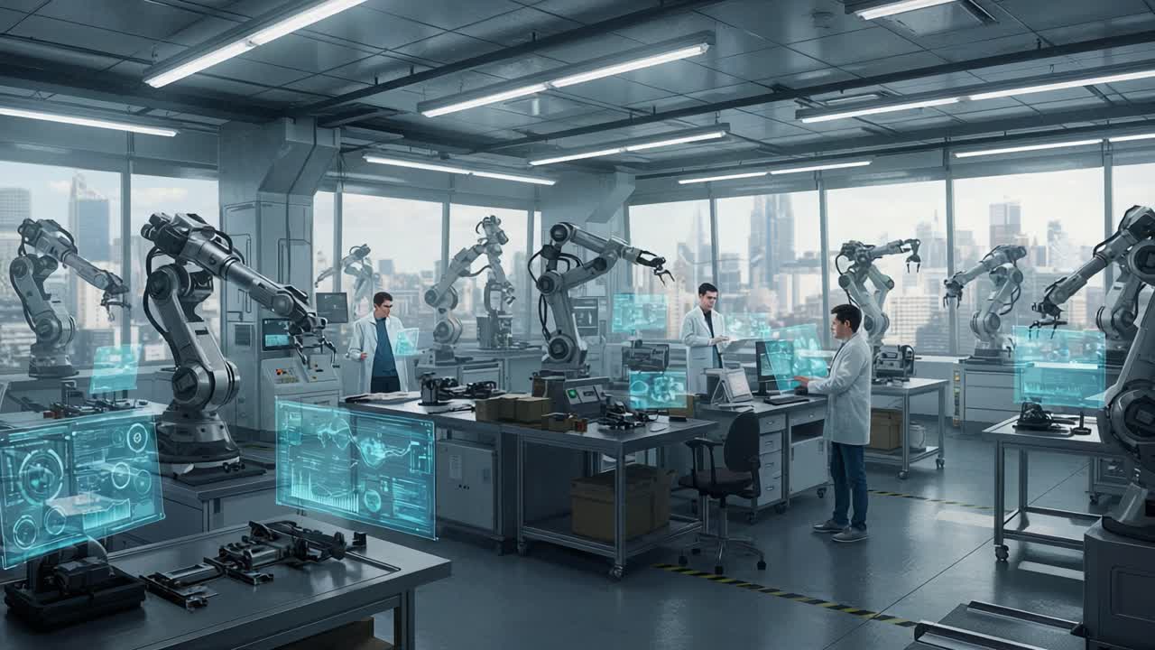 Futuristic Robotics Lab: Exploring Advanced Automation with Intelligent Robots and State-of-the-Art Technology in a High-Tech Research Environment