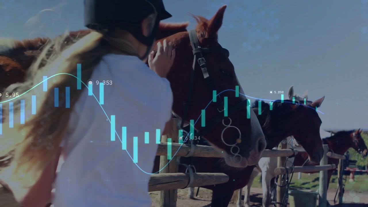 Barn med hjelm nærmer sig en hest, kæler med dens hals for at skabe forbindelse før rideturen, mens finansielle candlestick-diagrammer overlejrer.