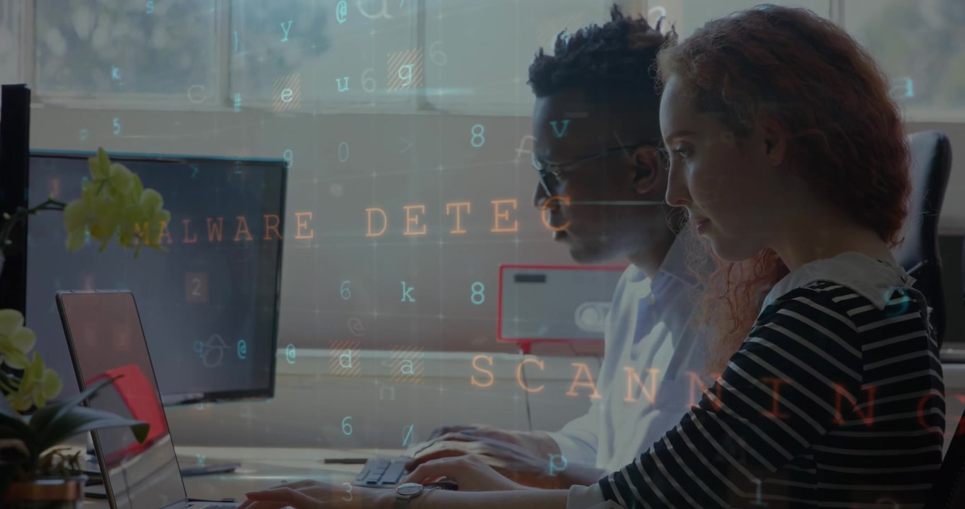 Animation of data processing over diverse business people in office