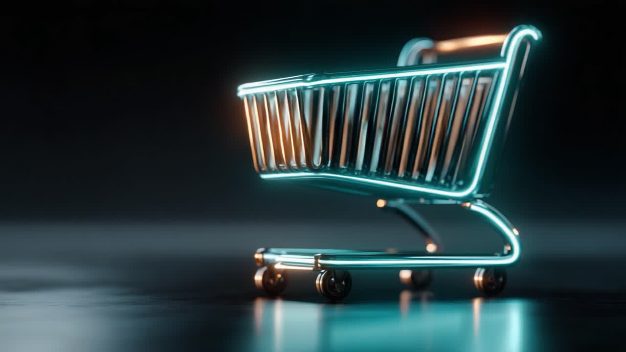 A Glowing Neon Shopping Cart with a Sleek Design Captured in Two Frames, Highlighting the Modern Aesthetic of Retail and E-Commerce