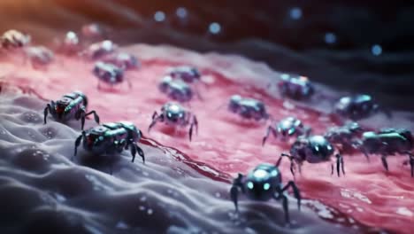 a captivating journey through a microscopic world: exploring futuristic robotic insects traversing vibrant organic surfaces in captivating visual detail