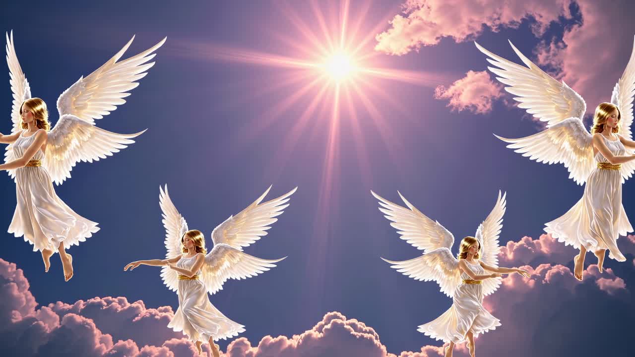 Angelic Figures with Wings Floating in a Divine Sky