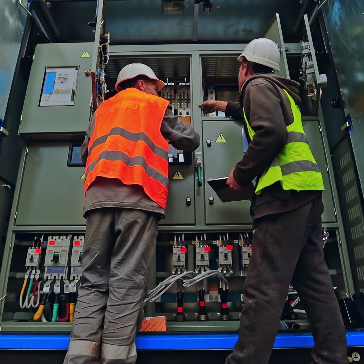 Engineers connect electrical system outdoors. Two electricians in protective uniform checking voltage on the solar power plant.