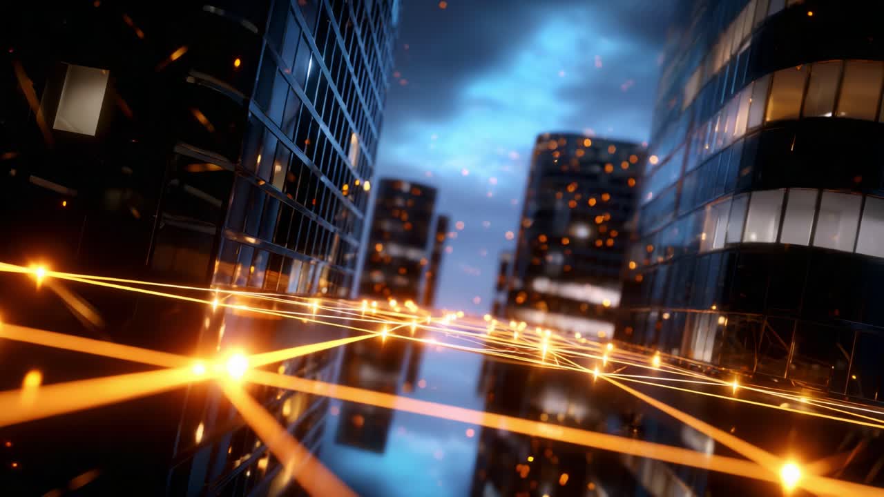 A Captivating Glimpse into a Futuristic Urban Landscape Illuminated by Glowing Lines of Light and Reflected in a Shimmering Water Surface, Suggesting Innovation and Connectivity in a Modern Cityscape