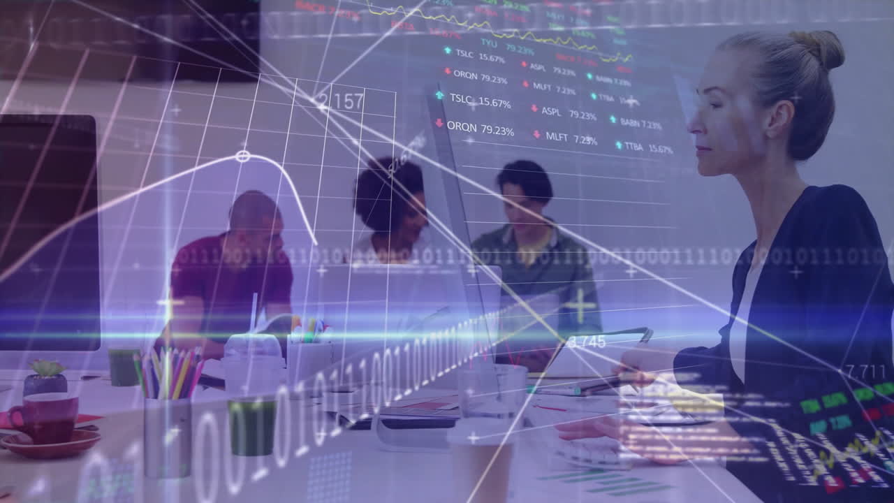 procesamiento de datos financieros animación, equipo diverso en reuniones de negocios en la oficina