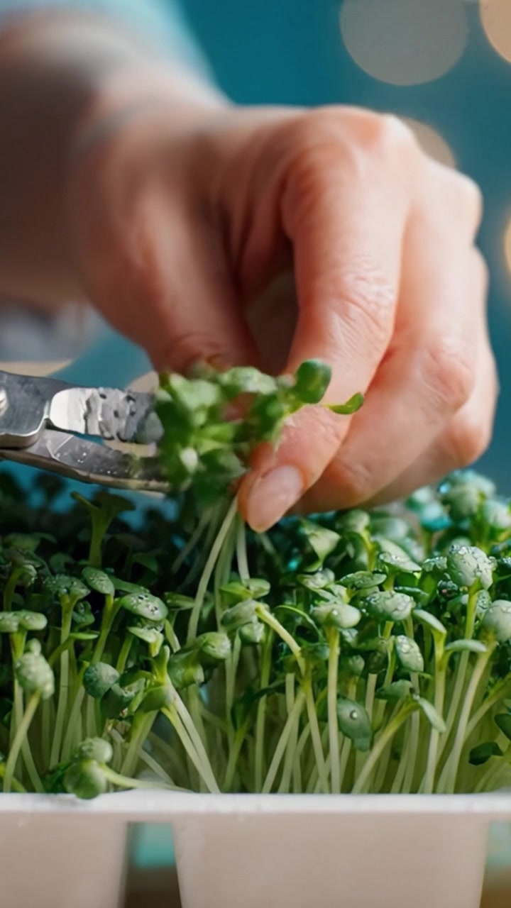 Primer plano de una mano cosechando cuidadosamente microgreens frescos con tijeras, mostrando las vibrantes plantas verdes contra un fondo suavemente difuminado.