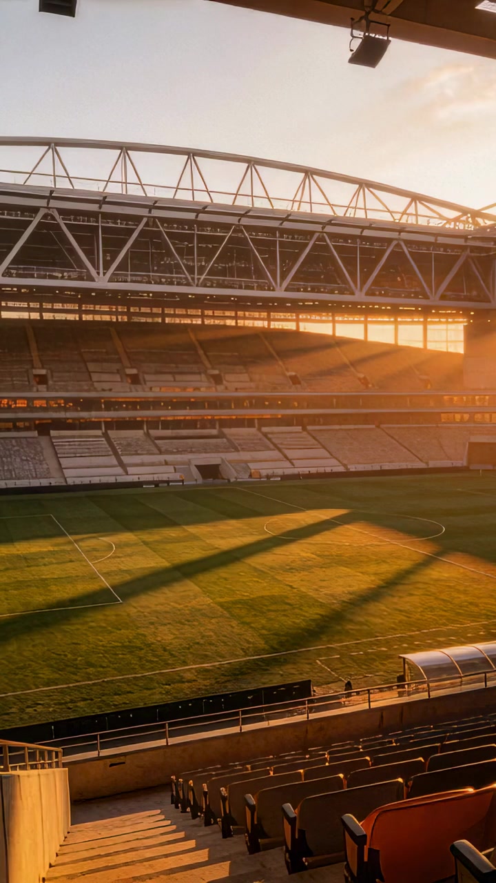 Video verticale: Telecamera che panoramica e filma un campo vuoto e le tribune in un'arena, con il sole basso che crea un bagliore dell'obiettivo