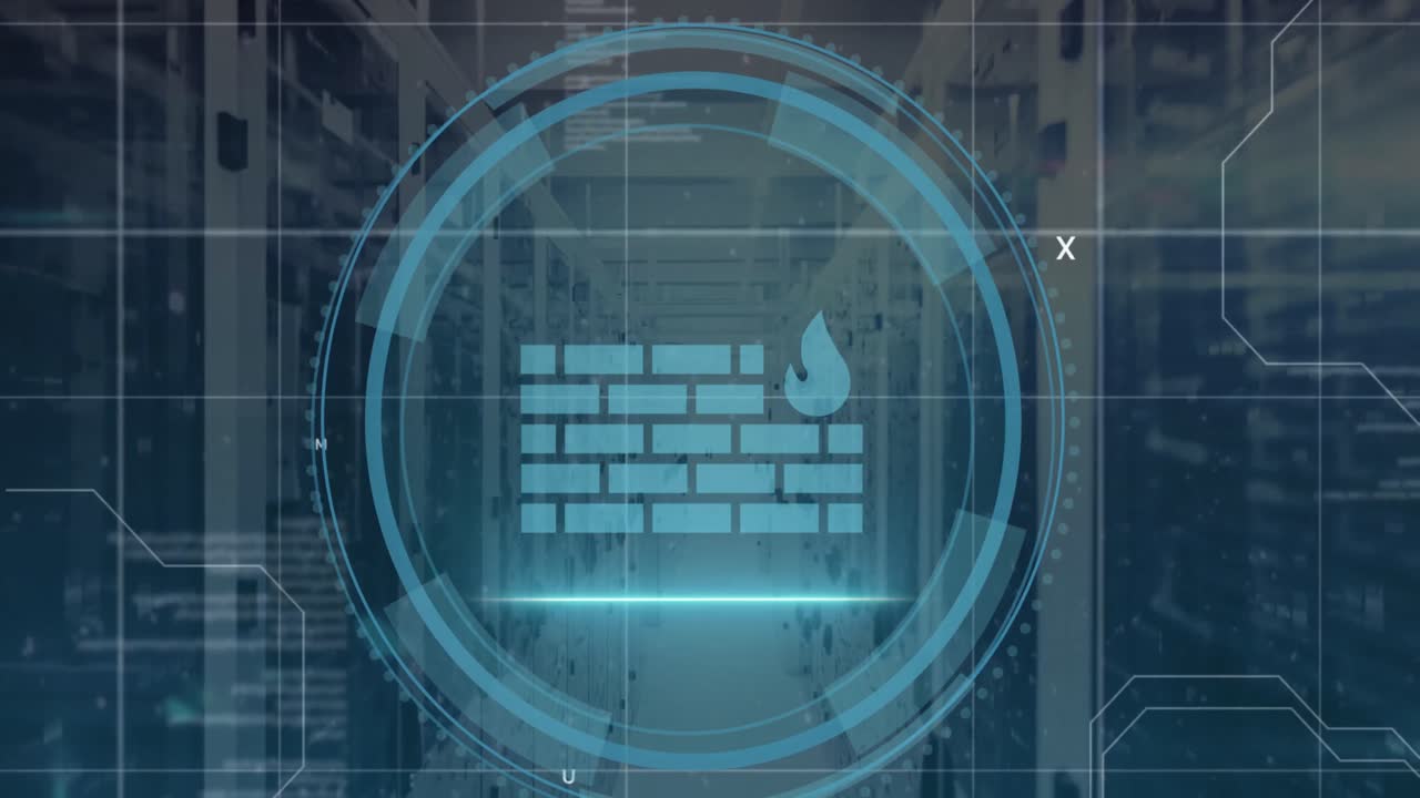 서버 방에 대한 둥근 스캐너에 사이버 보안 텍스트 배너와 방화벽 아이콘의 애니메이션