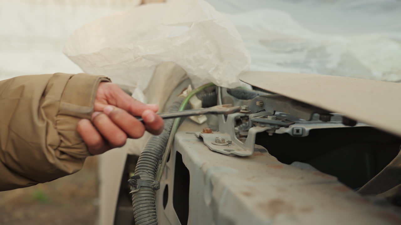Closeup hand reconnecting cable for repair, steady pliers repositioning connector into mount, jacket sleeve and cold outdoor light, technician restoring electrical connection with careful tightening