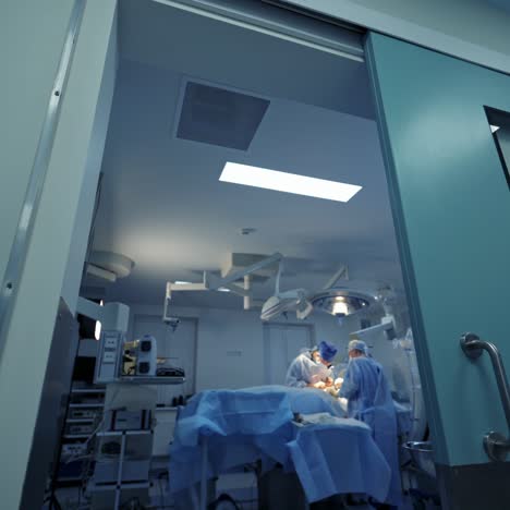 neurosurgery operation in modern clinic with innovative equipment. selective focus from the door