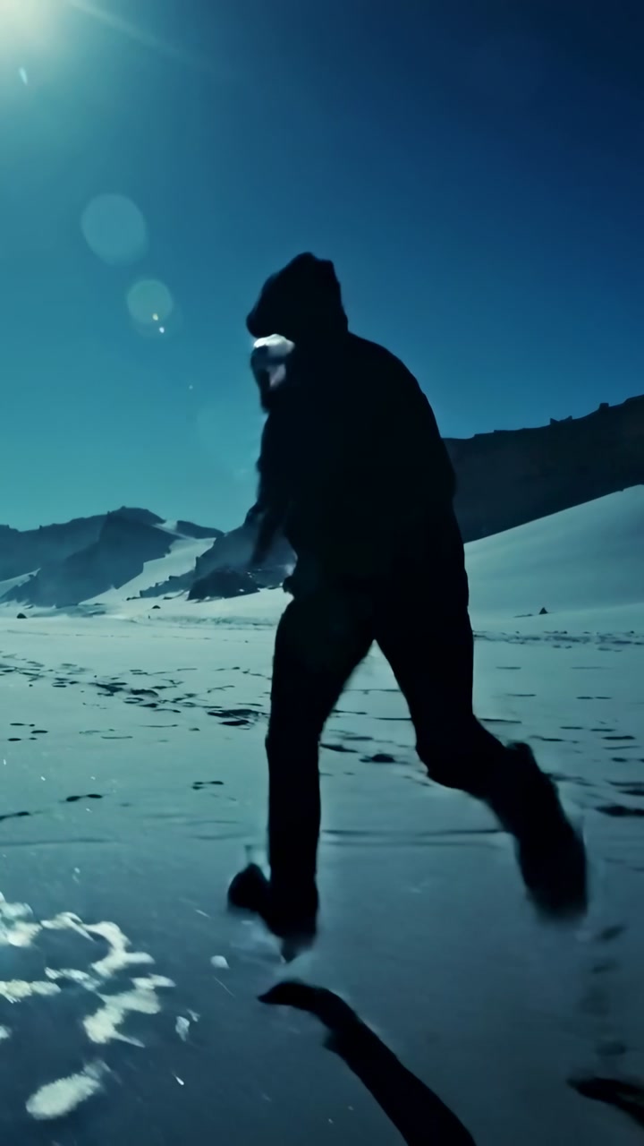 Vertical video: Running man in hooded jacket and boots across sand toward dunes, leaving footprints