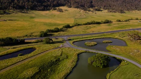 Aerial-view-of-ponds-and-small-lakes-in-Crackenback-of-New-South-Wales,-Australia