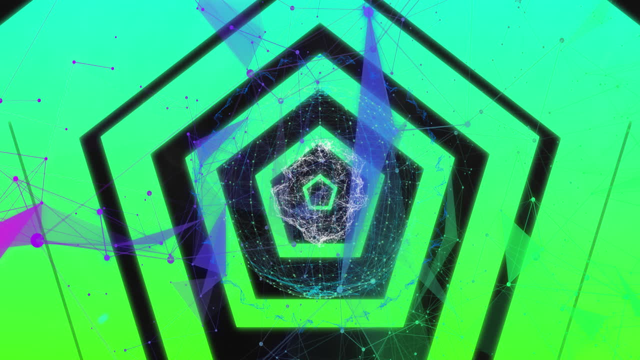 hexágonos concéntricos verdes en estructura 3d en esfera con formas púrpuras flotando en fondo negro