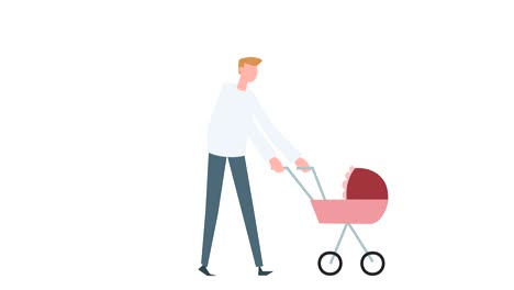 평평한 만화 다채로운 남자 캐릭터 애니메이션. 아기 pram 상황과 함께 남성 기 사이클