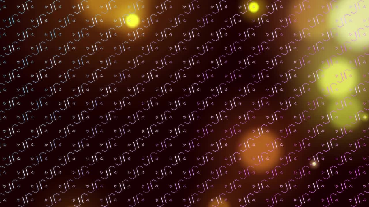 Dark backdrop revealing bokeh orbs pulsing and triangular grid shifting hue changing for looping