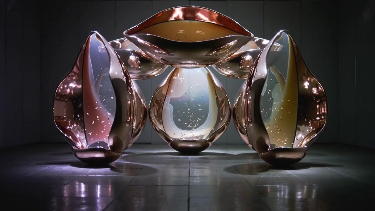 Pulling back camera revealing centered teardrop sculpture in gallery, displaying suspended flakes
