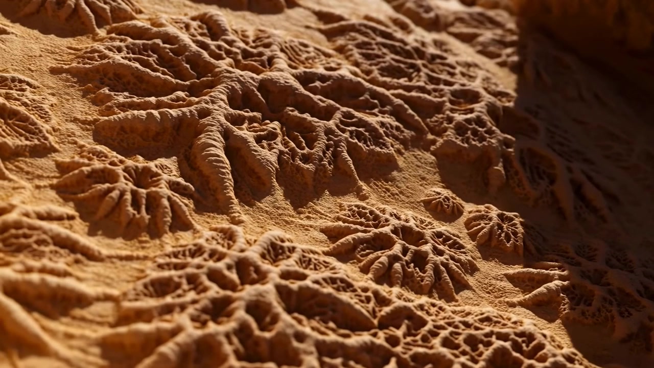 Primo piano obliquo dal basso di un terreno marrone rossastro fortemente eroso con un micro-rilievo accidentato, cavità porose, creste stratificate e una luce calda che rivela una ricca texture terrosa sulla superficie naturale.