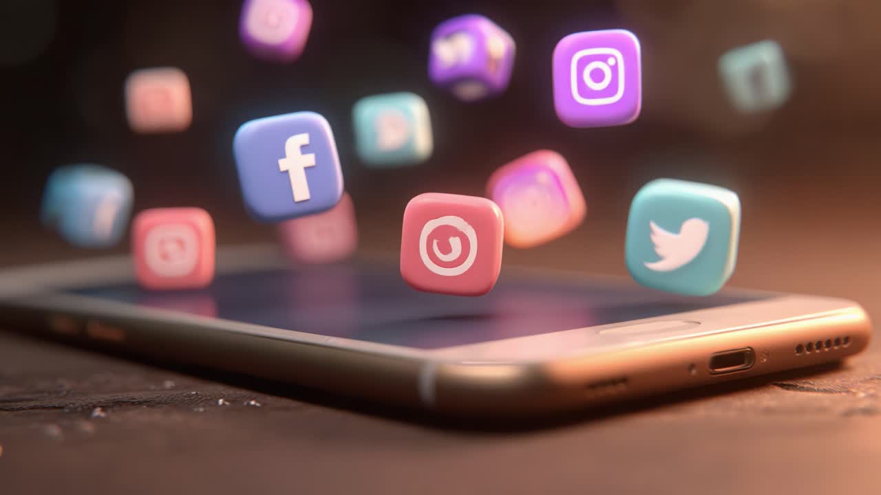 Una representación cautivadora de iconos de redes sociales que se elevan por encima de la pantalla de un smartphone, lo que ilustra la conectividad digital y la interacción de los usuarios modernos en el mundo online