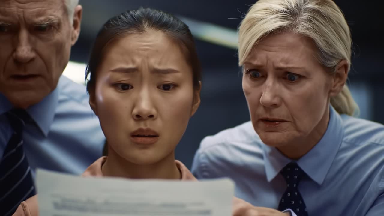 Two colleagues express strong emotions in an office setting. One looks worried while the other appears concerned, examining a crucial document that may have serious implications for both.