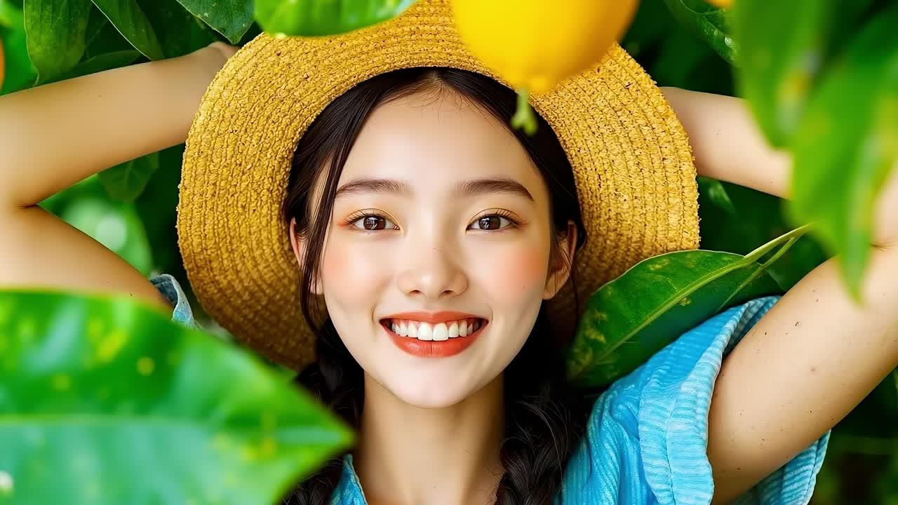 모자를 입은 여자가 카메라에 미소 짓고 있다