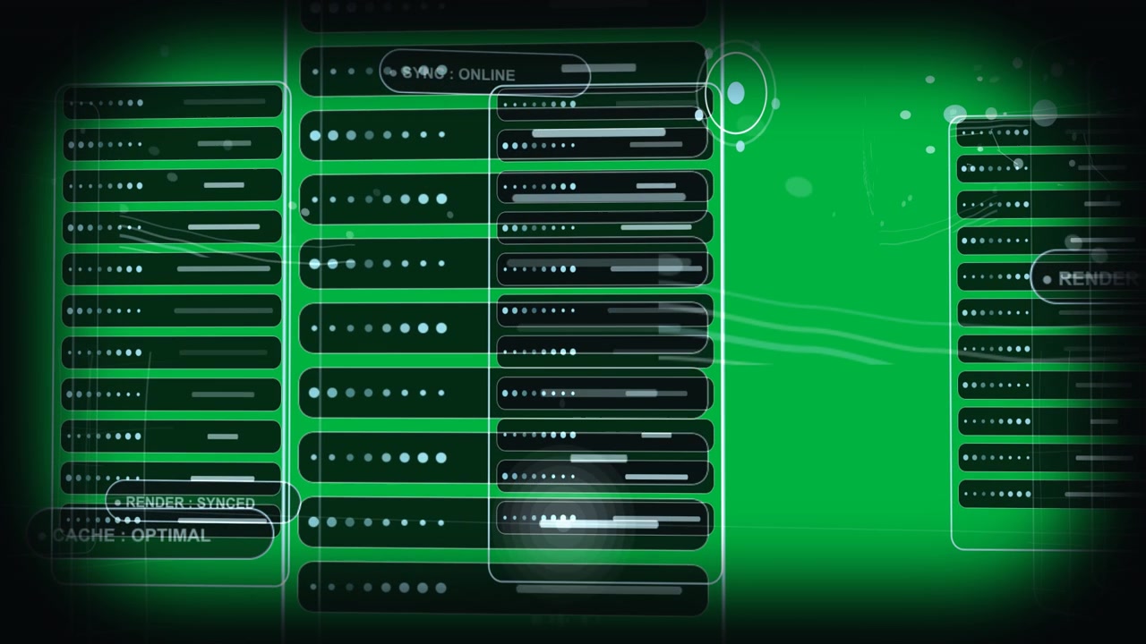 On load center panel sending pulsing lines to right dots and bars animating syncing transparent HUD