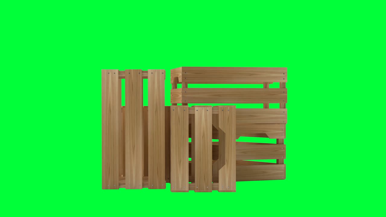 las cajas de madera giran en una pantalla verde en animación 3d. 4k