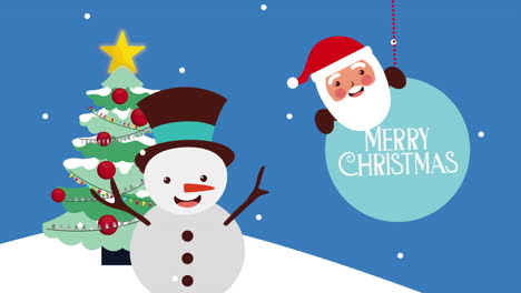 happy merry christmas card with santa claus and snowman