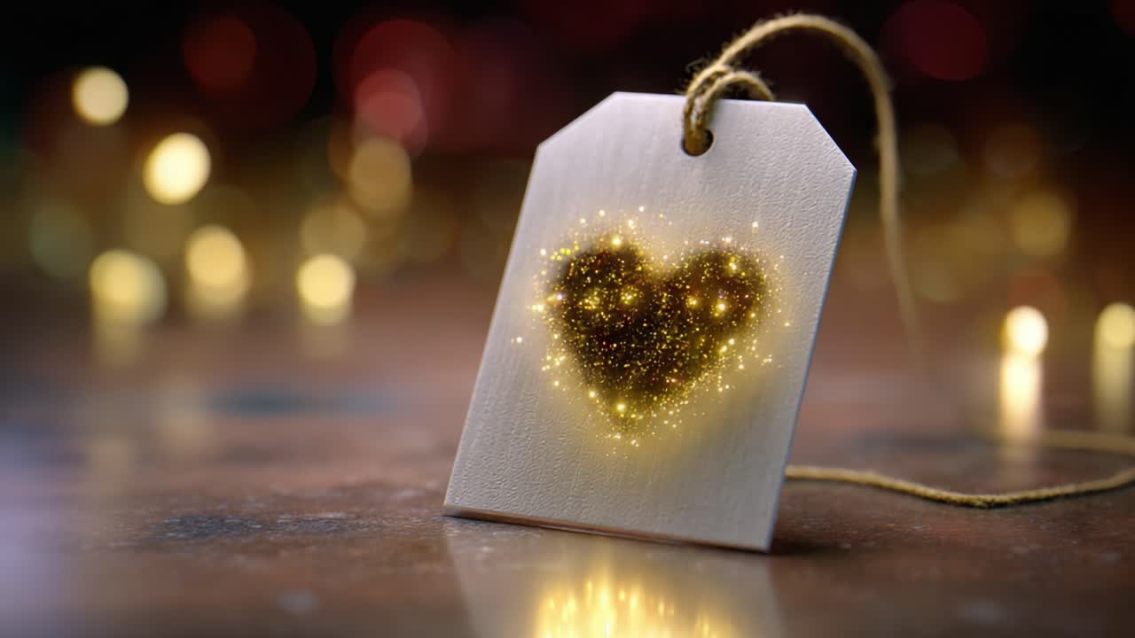 A sparkling heart design on a wooden tag illuminated against a dreamy bokeh background, capturing the essence of love, warmth, and festive cheer in a magical setting