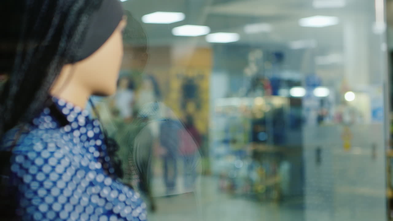 옷가게 쇼케이스 hd 비디오에서 결제 카드를 들고 자신감 있는 쇼핑을 시작하는 젊은 여성