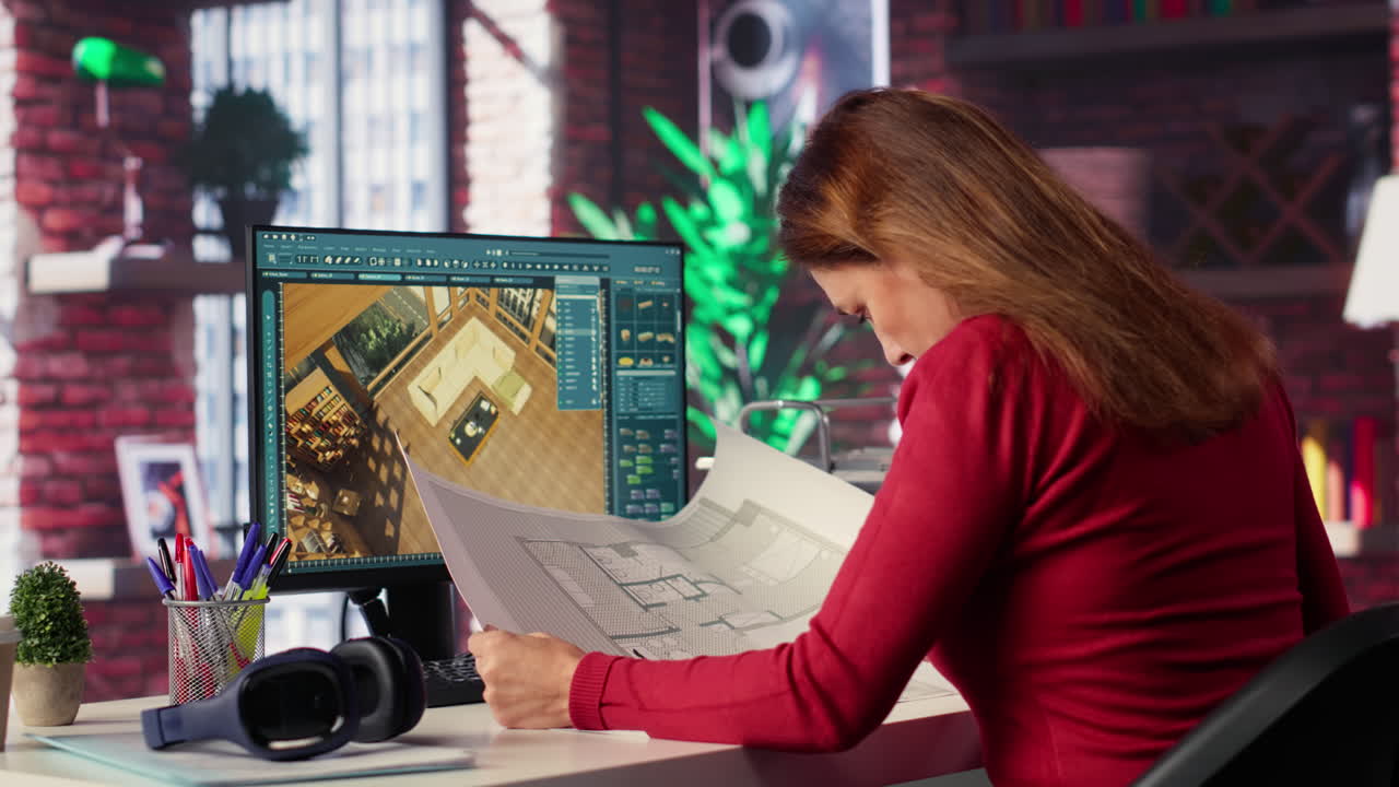 Woman architect working on design blueprint in office